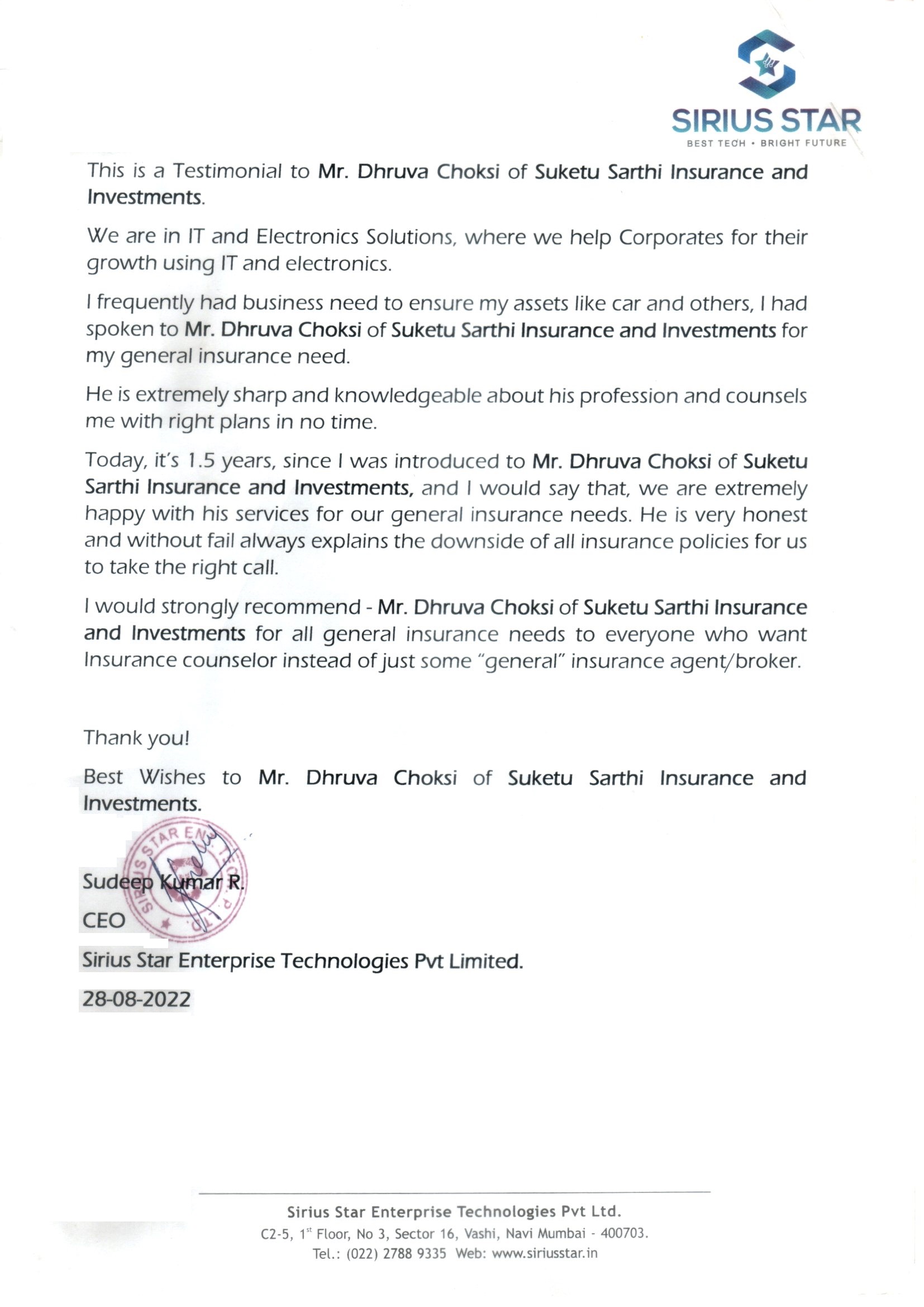 Testimonial letter from Sudeep Kumar, Sirius Star Enterprise Technologies